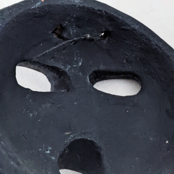 Boho Home Decor. Black + Brown Ethnic Clay Hanging Mask. Small, 4" Diam. - Picture 7 of 9